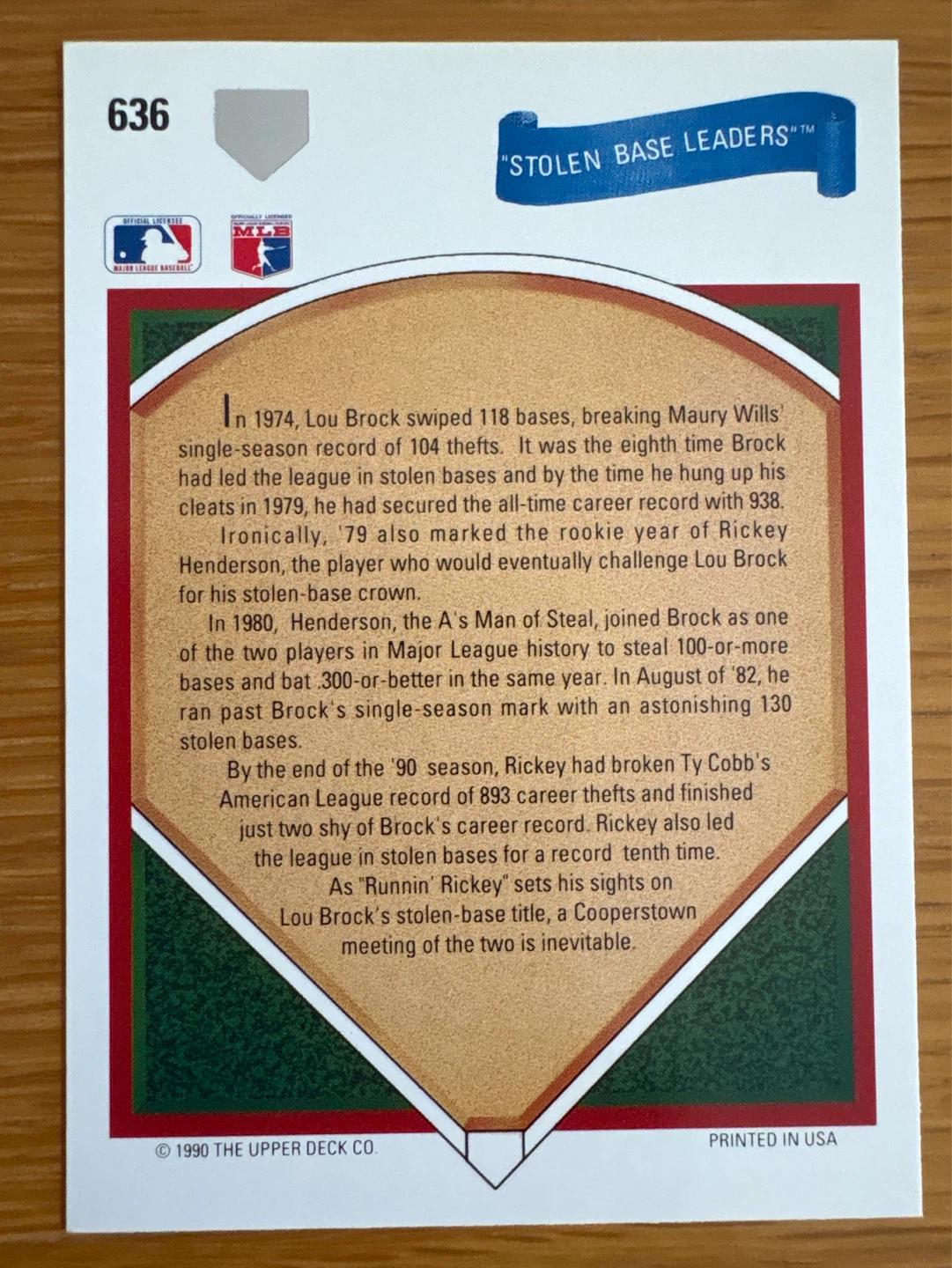 1990 Upper Deck "Stolen Base Leaders" Card #636 - photo 2