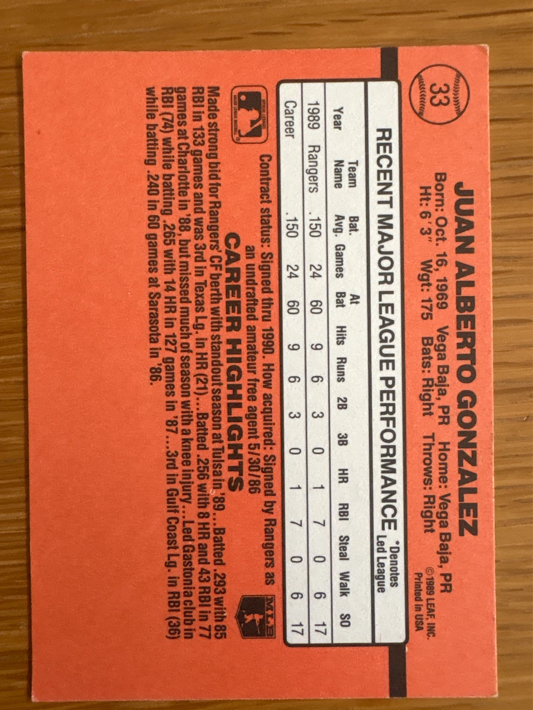 1990 Donruss Juan Gonzalez Rated Rookie Baseball Card - photo 2