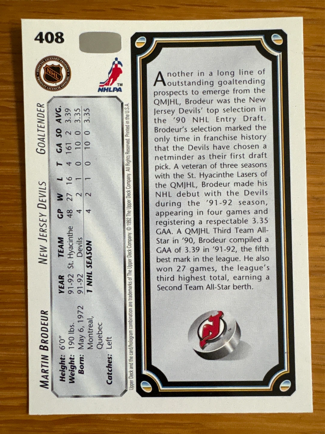 1992 Upper Deck Star Rookies Martin Brodeur Hockey Card - photo 2