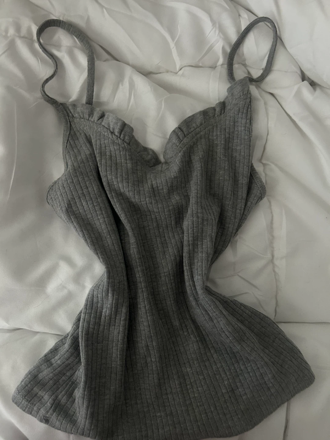 Vintage Grey Ribbed Camisole tank top with Ruffle Trim