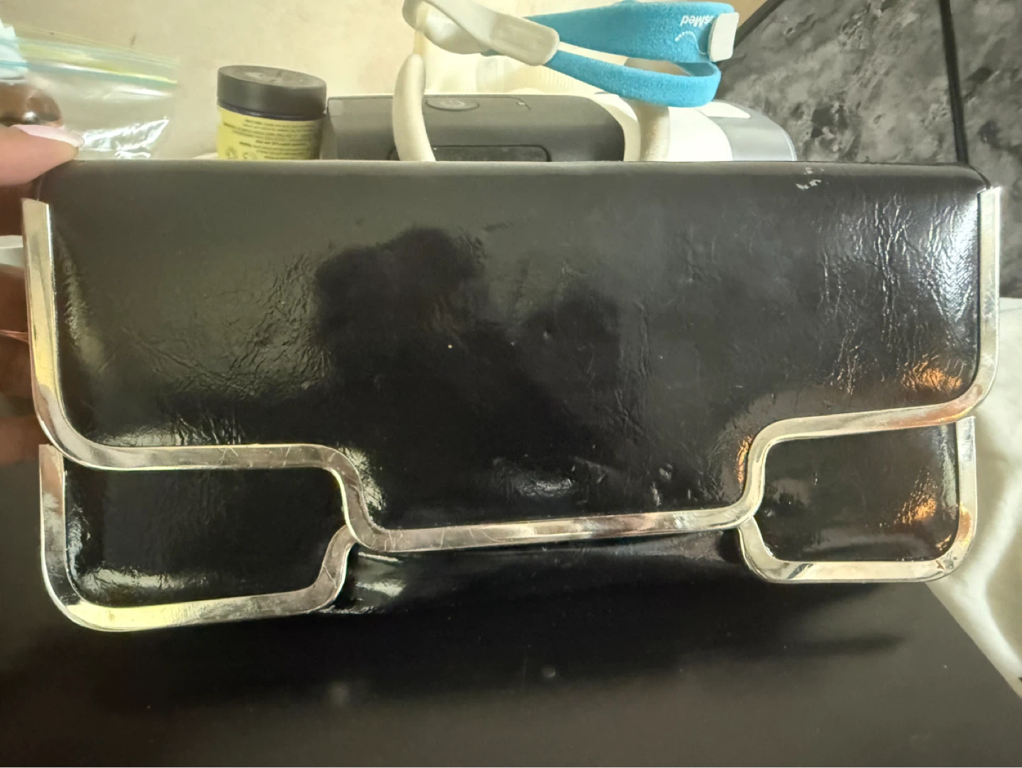 Black clutch purse with chain strap