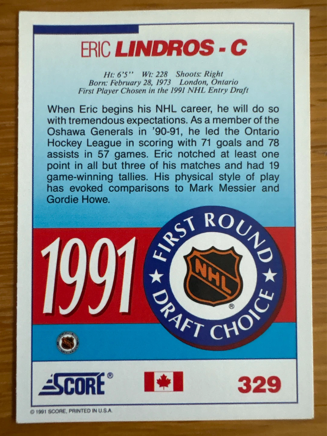 Score 1991 Eric Lindros First Round Draft Choice Hockey Card - photo 2