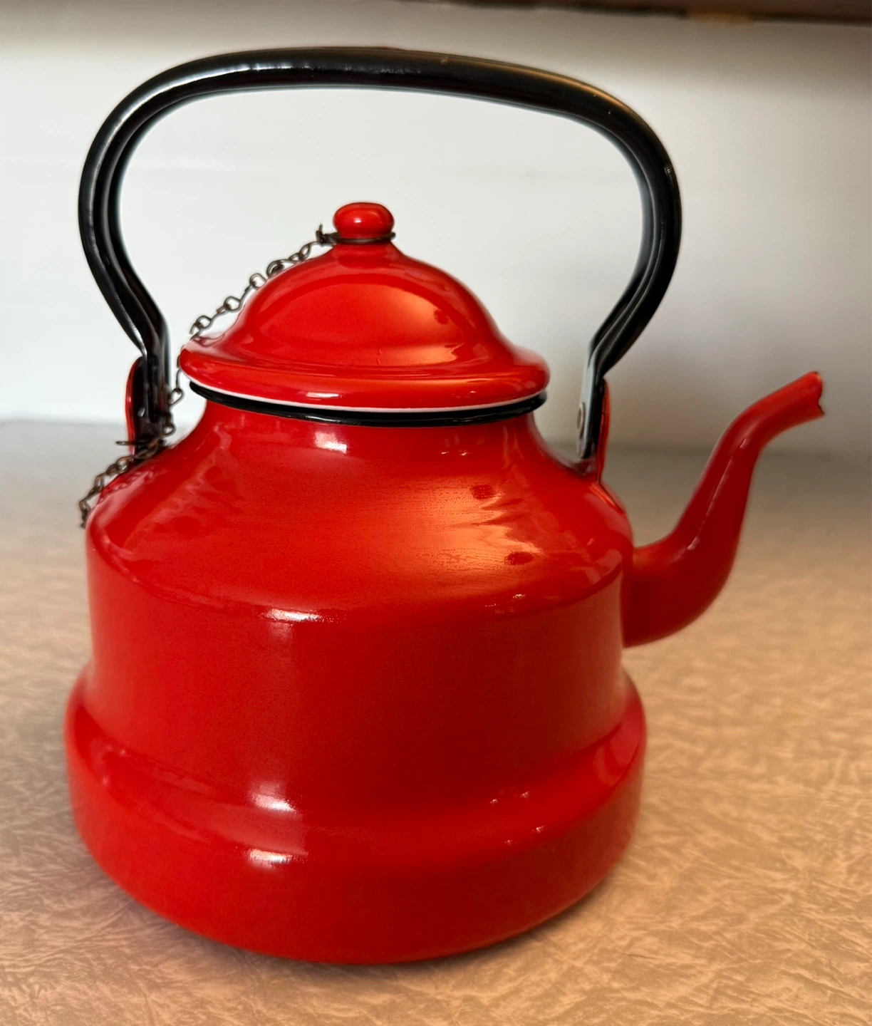 Vintage Red Enamel Tea Kettle