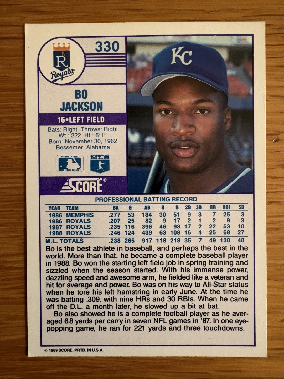 Bo Jackson 1989 Score Baseball Card - photo 2