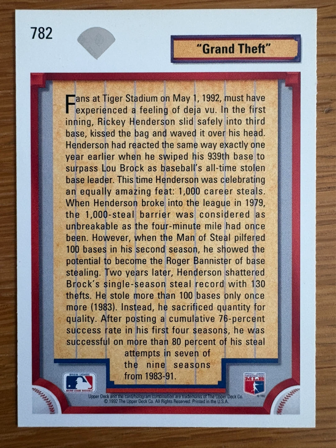 1992 Upper Deck Grand Theft Rickey Henderson Baseball Card - photo 2