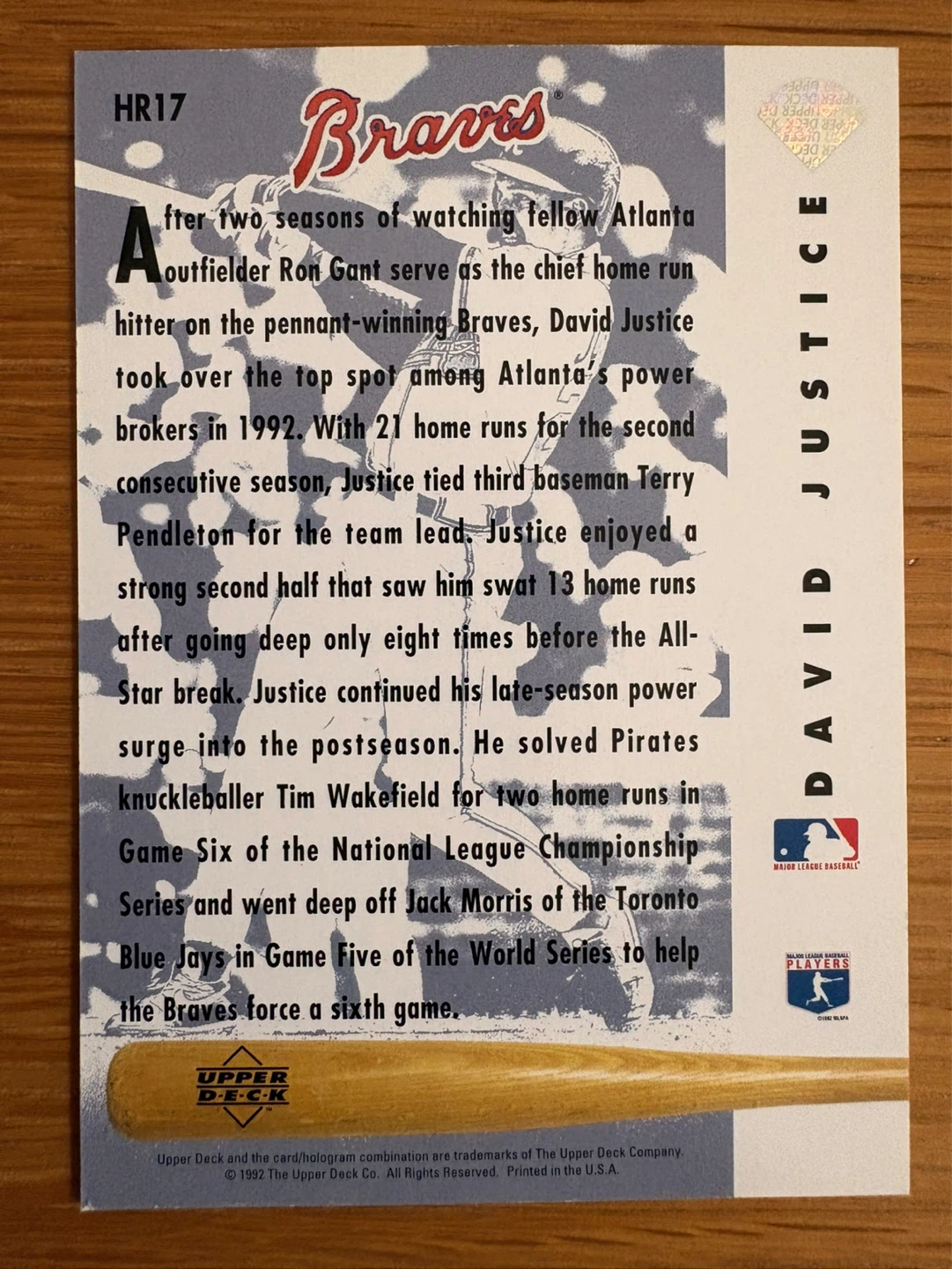 1992 Upper Deck David Justice Baseball Card - photo 2