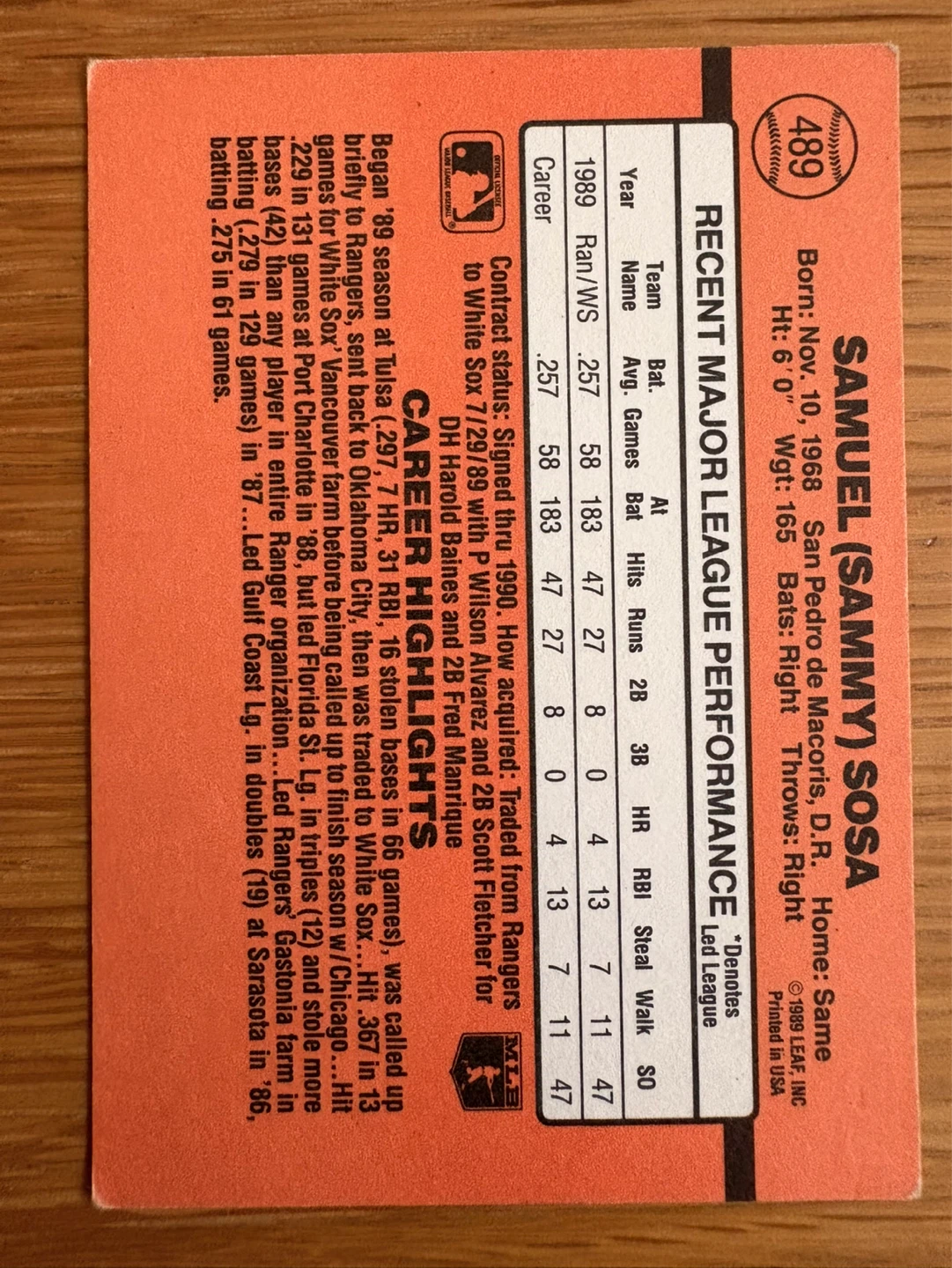 1990 Donruss Sammy Sosa Baseball Card - photo 2