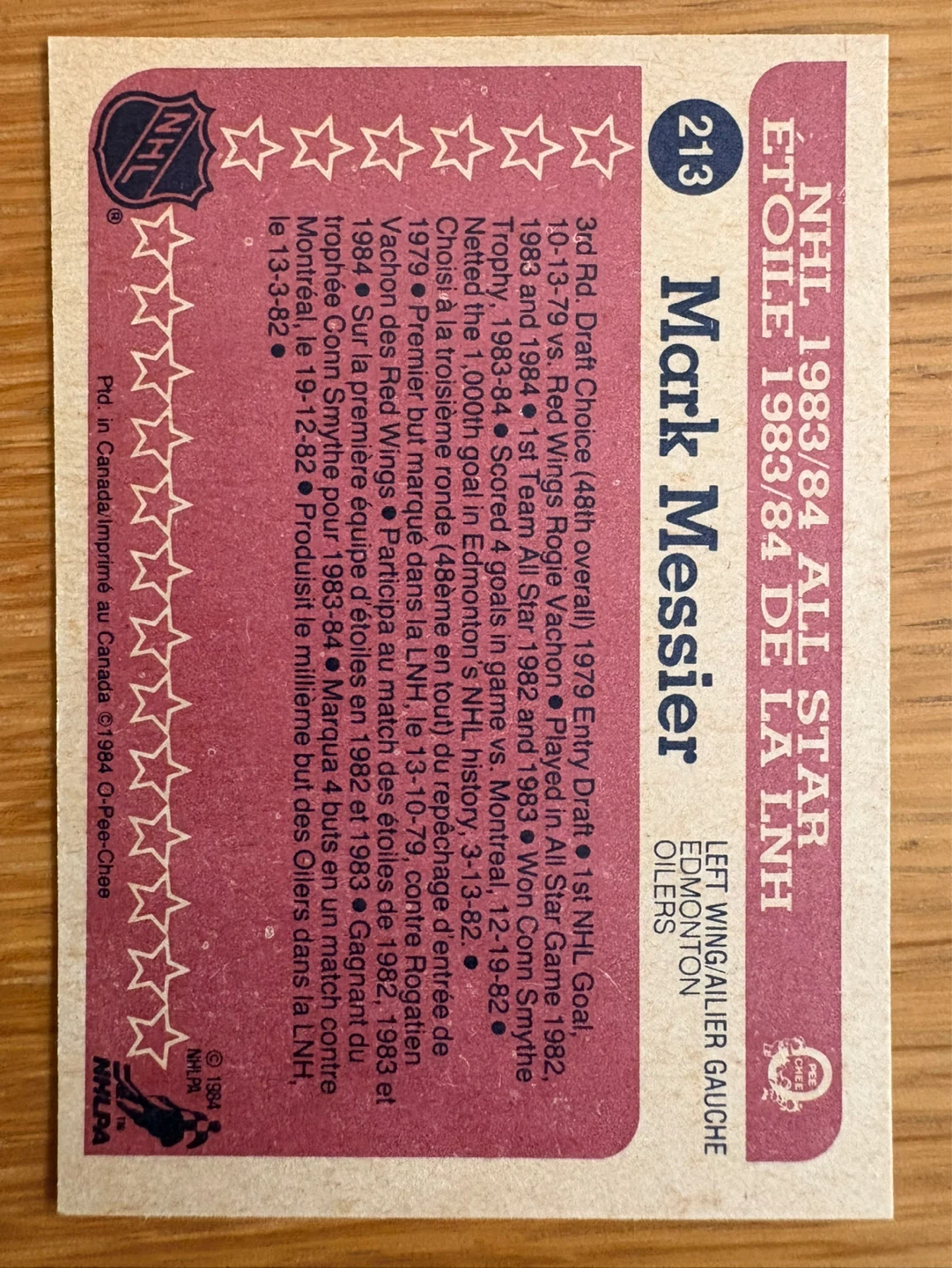 Mark Messier 1983/84 NHL All Star Hockey Card - photo 2