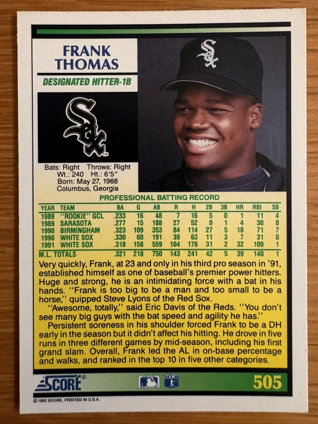 1992 Score Baseball Card - Frank Thomas - photo 2