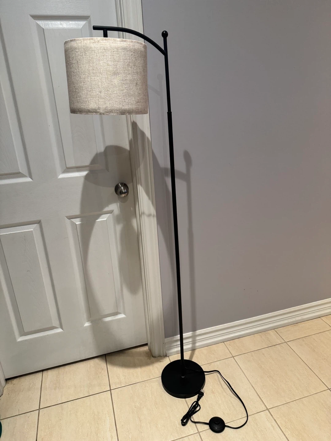 Black Arc Floor Lamp with Linen Shade
