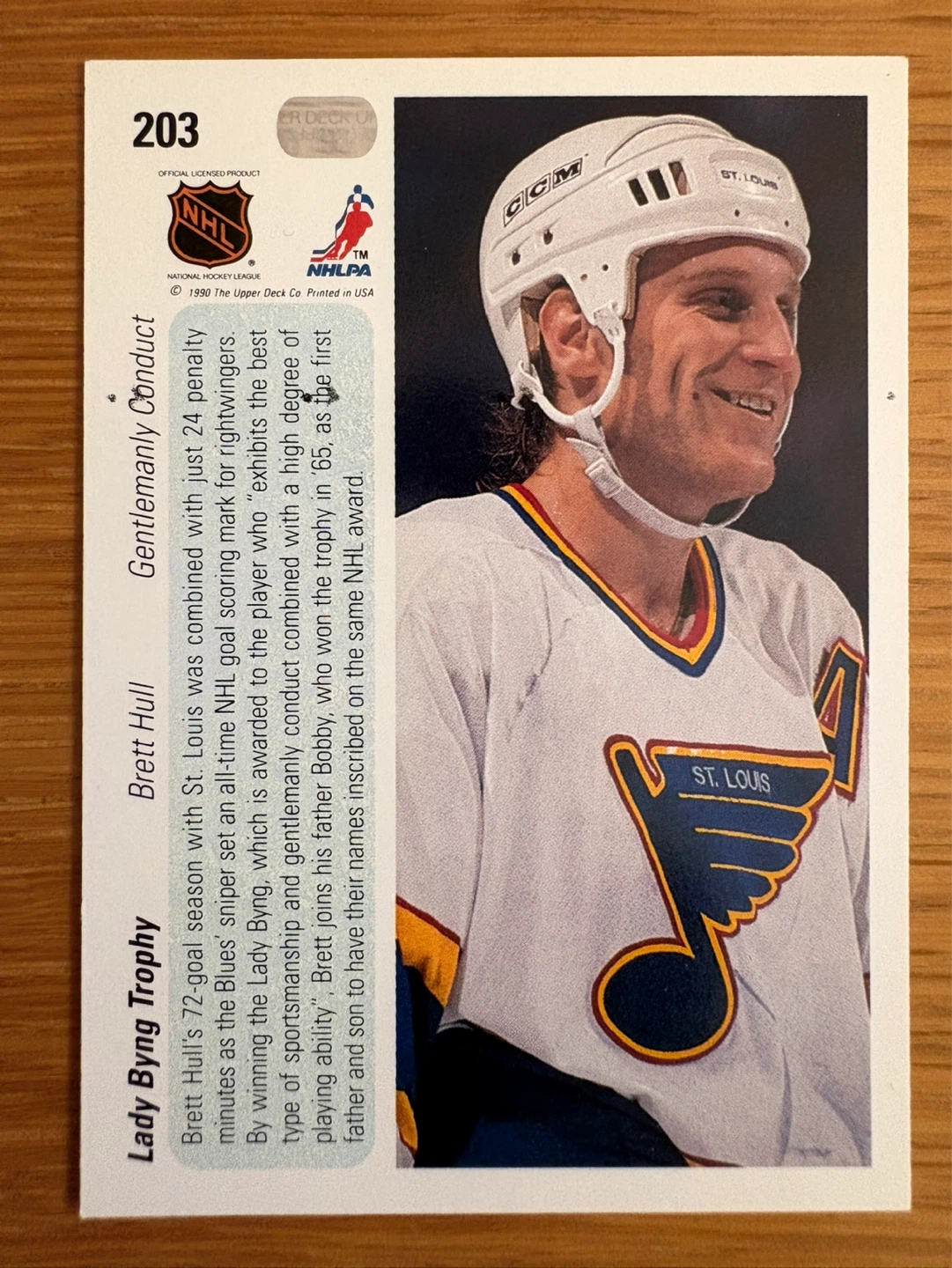 1990 Upper Deck Brett Hull Lady Byng Trophy Winner Hockey Card - photo 2