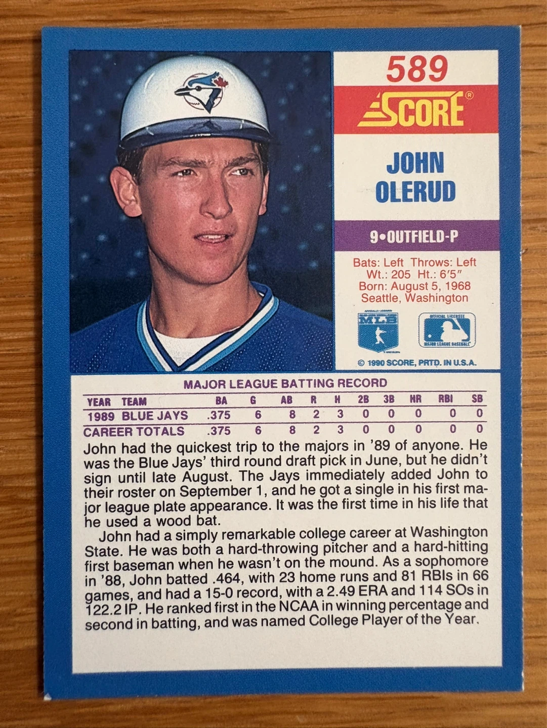 1990 Score Baseball Card - John Olerud - photo 2