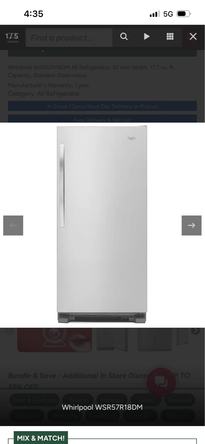 New Whirlpool WSR57R18DM All Refrigerator