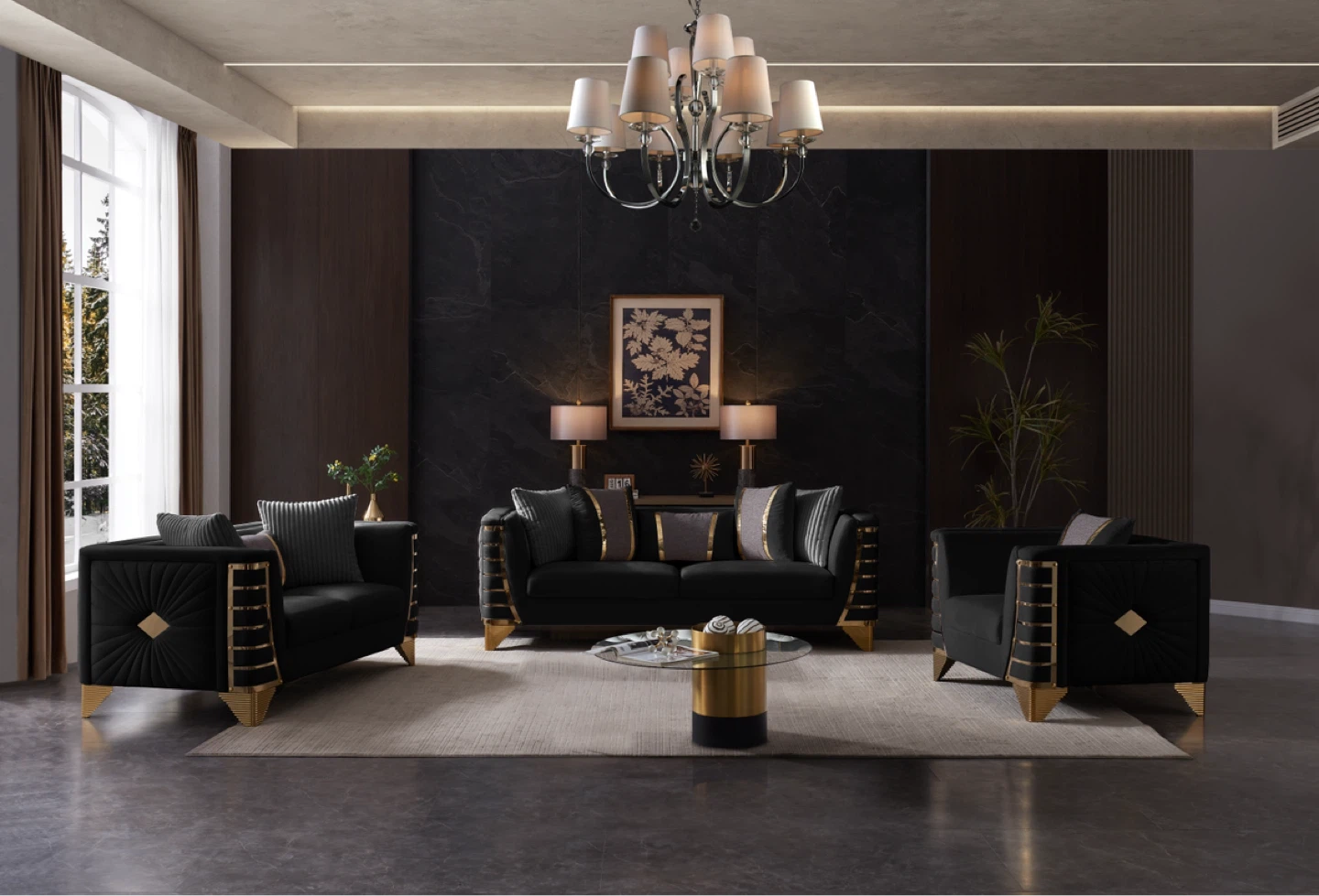 Black Velvet Sofa with Gold Accents