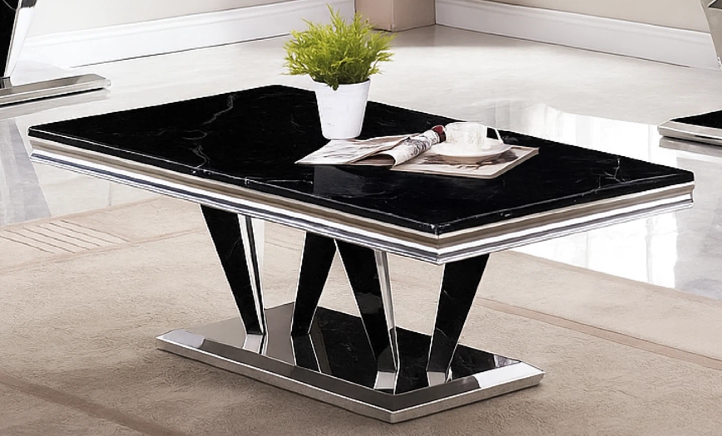 Black Marble Coffee Table with Chrome Base