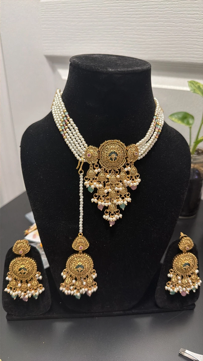 Gold-tone Pearl Choker Necklace and Earrings Set