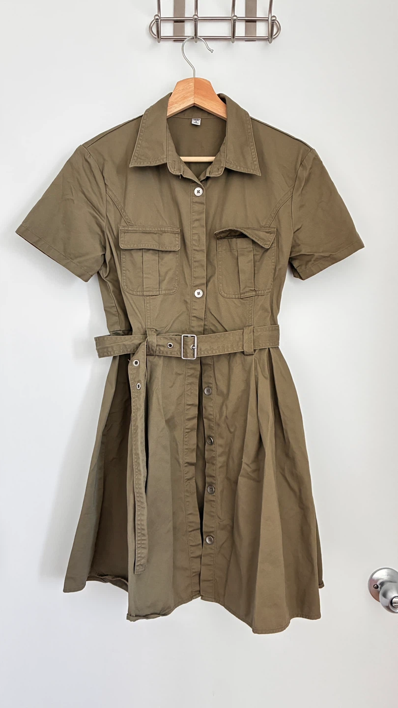 Yishion Casual Khaki Belted Shirt Dress