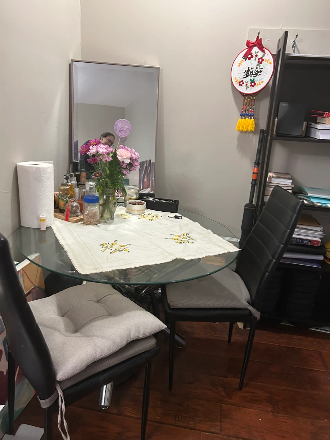 Glass top dining table with 2 chairs