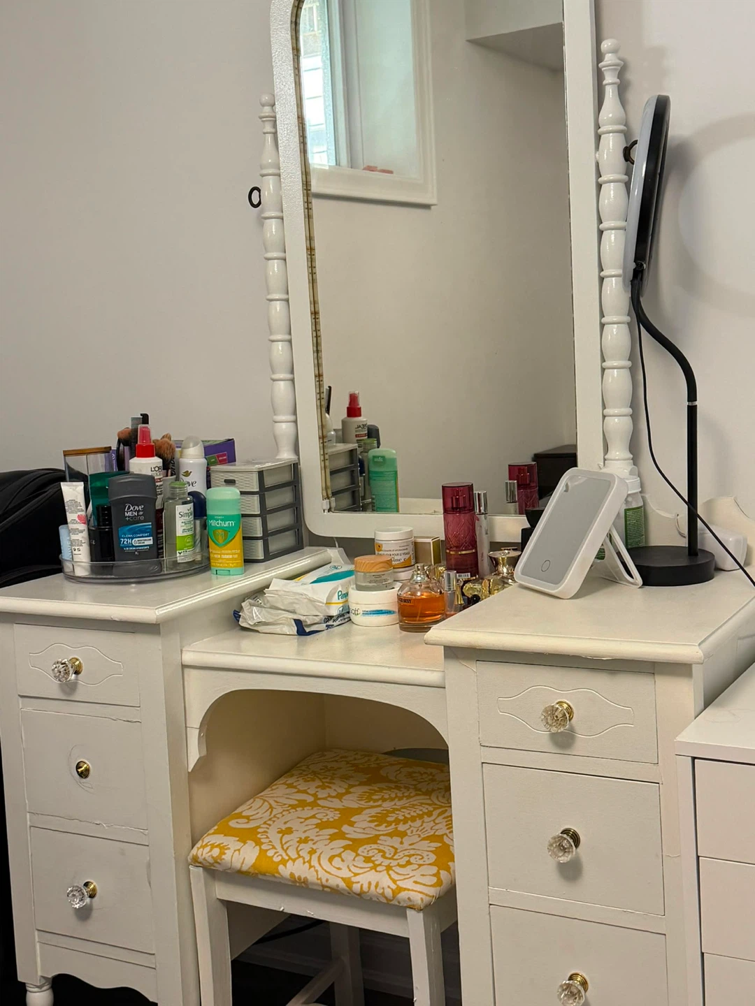 White Vanity Desk with Mirror and Stool