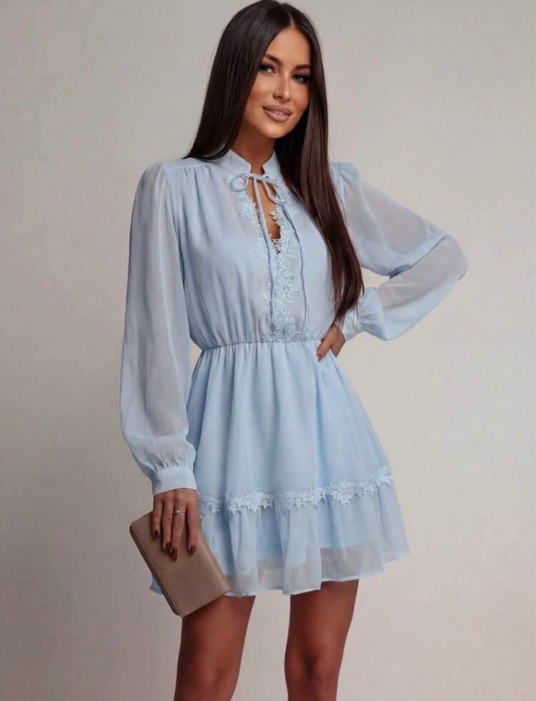 Light Blue Chiffon Lace Trim Dress