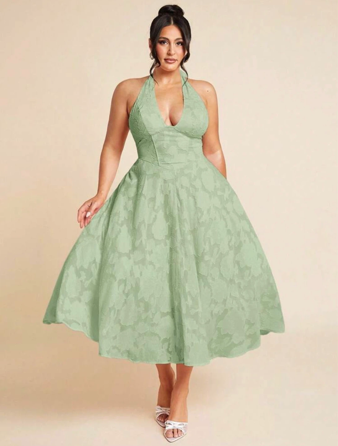Sage Green Halter Neck Jacquard Dress