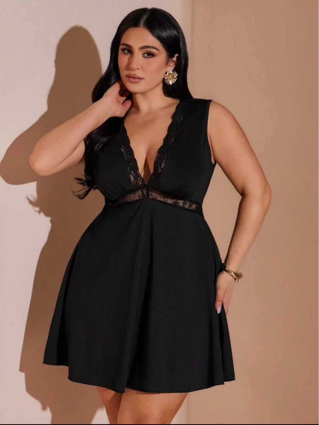 Black Lace Trimmed V-Neck Dress