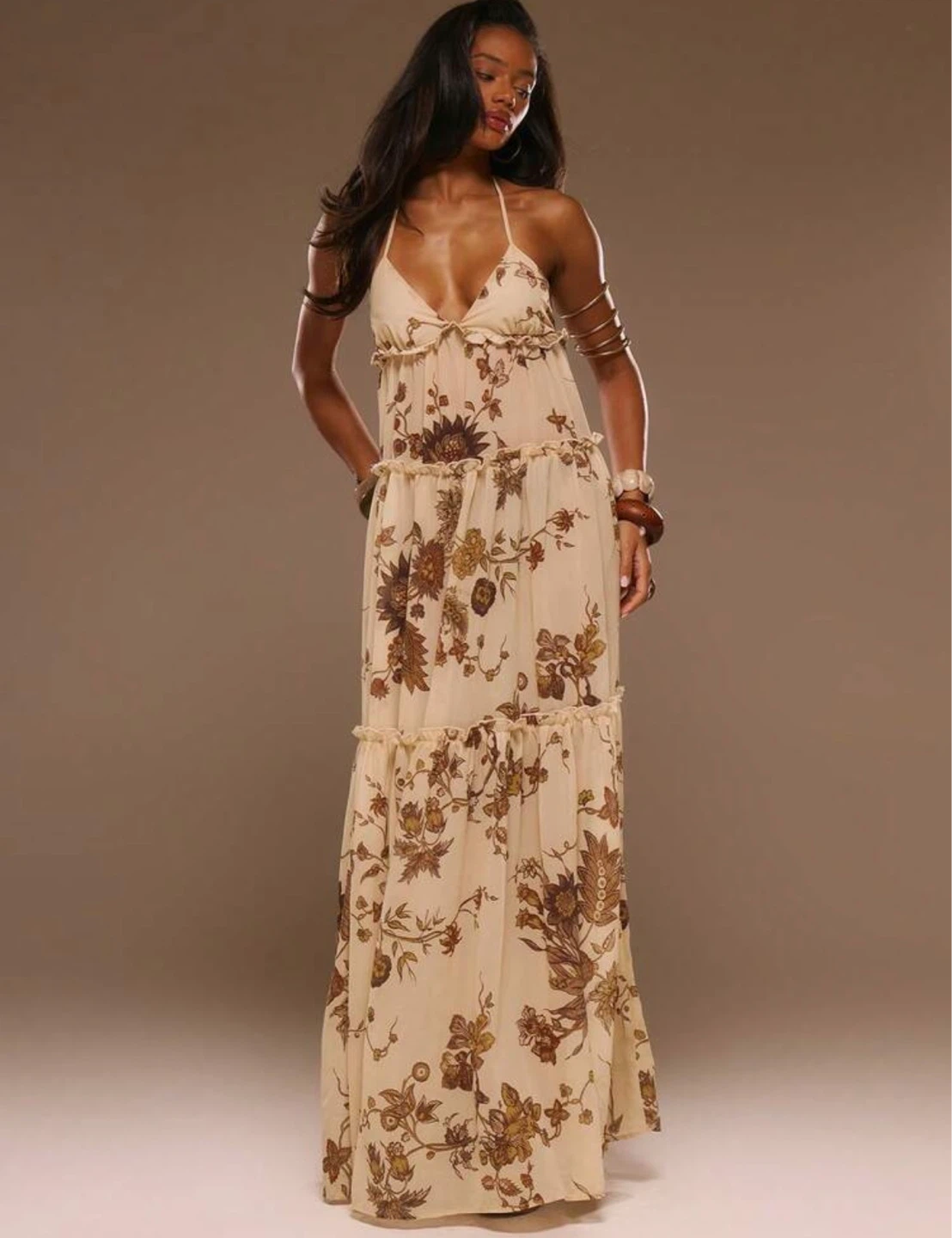 Cream floral maxi dress with ruffle trim