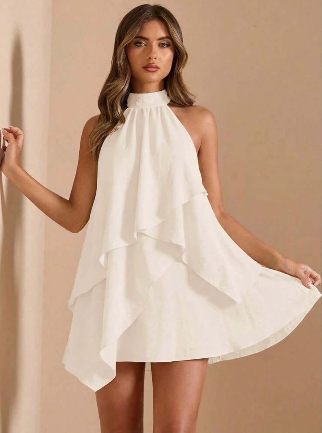 White Halter Neck Tiered Dress