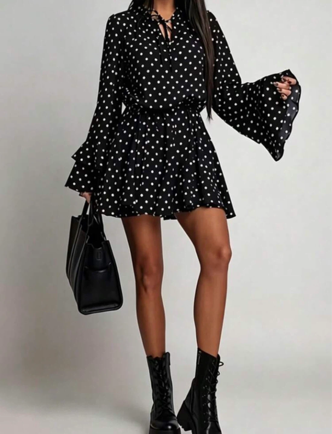 Black and White Polka Dot Mini Dress with Bell Sleeves