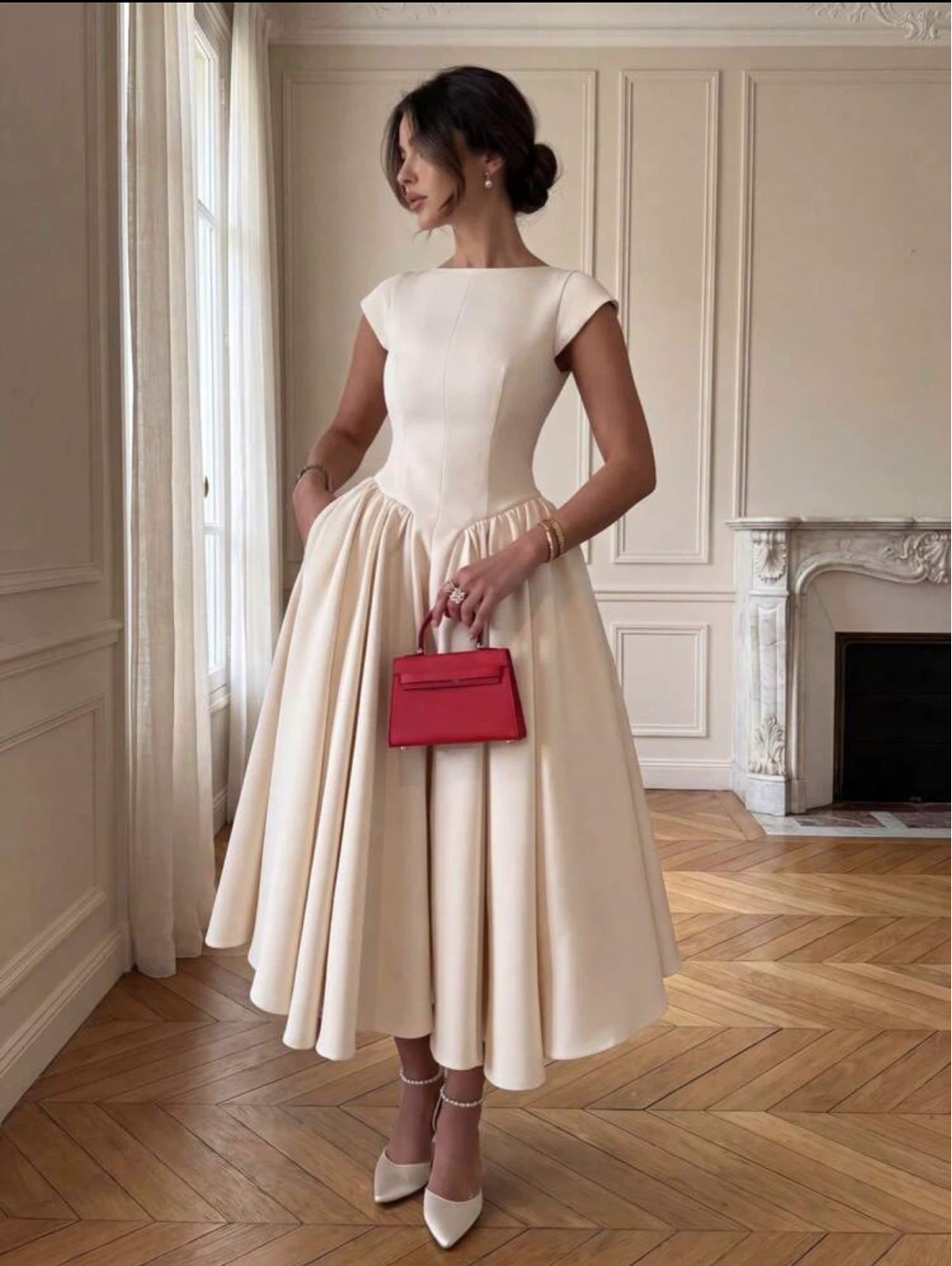 Cream Cap Sleeve Midi Dress