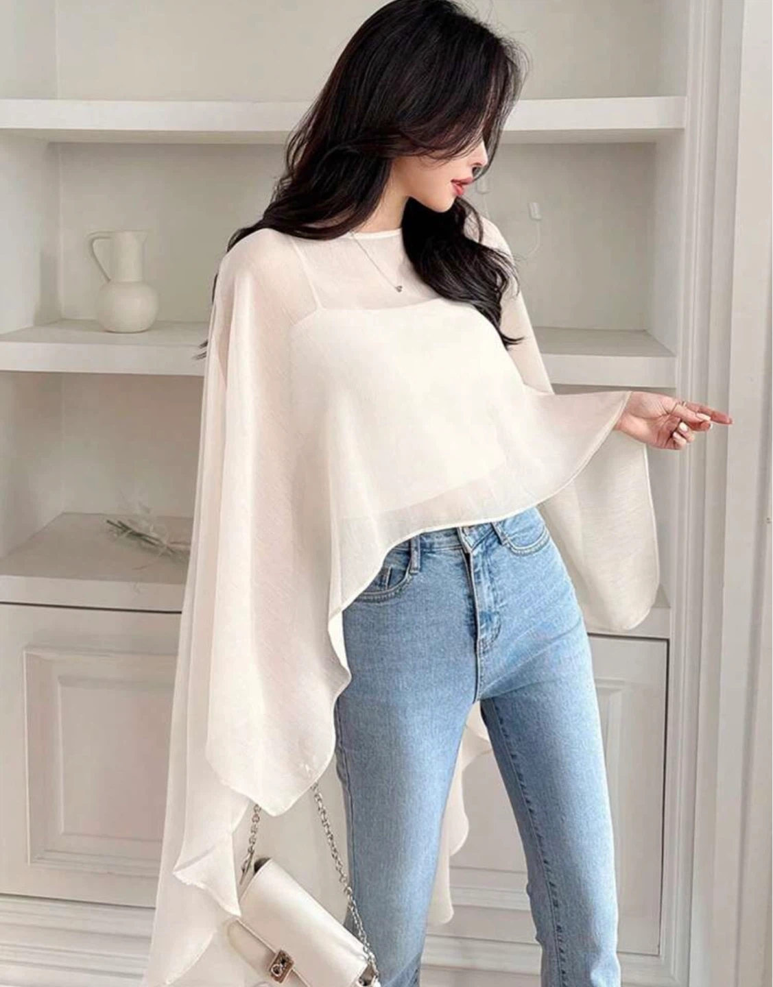 White sheer cape top with camisole