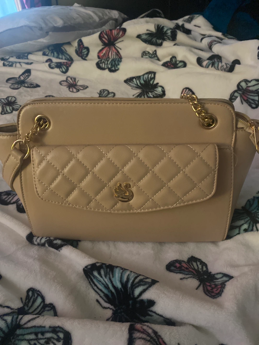 Quilted Chain Shoulder Bag - Beige