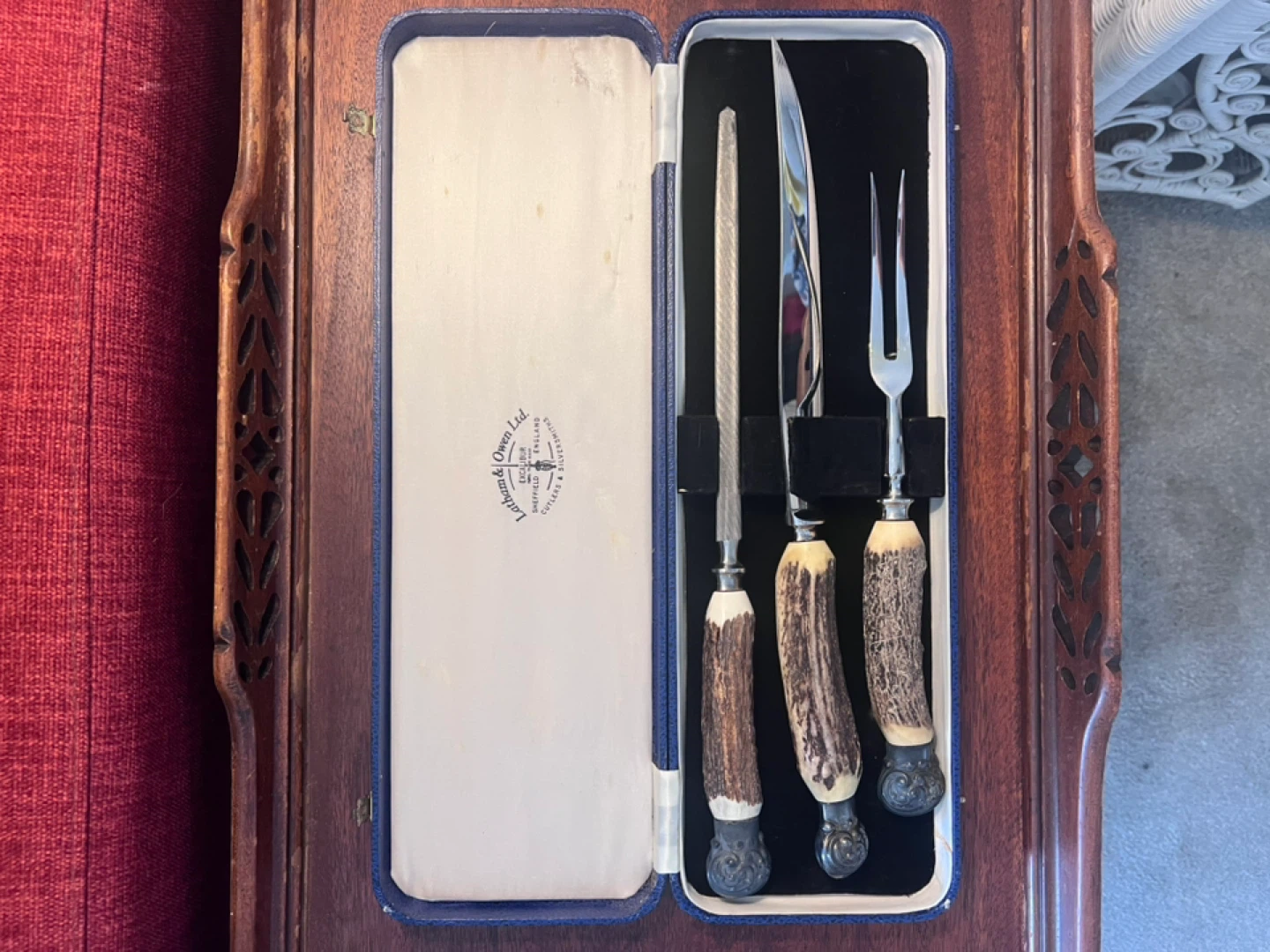 Vintage Sheffield Excalibur Stag Handle Carving Set w/ Case - photo 5