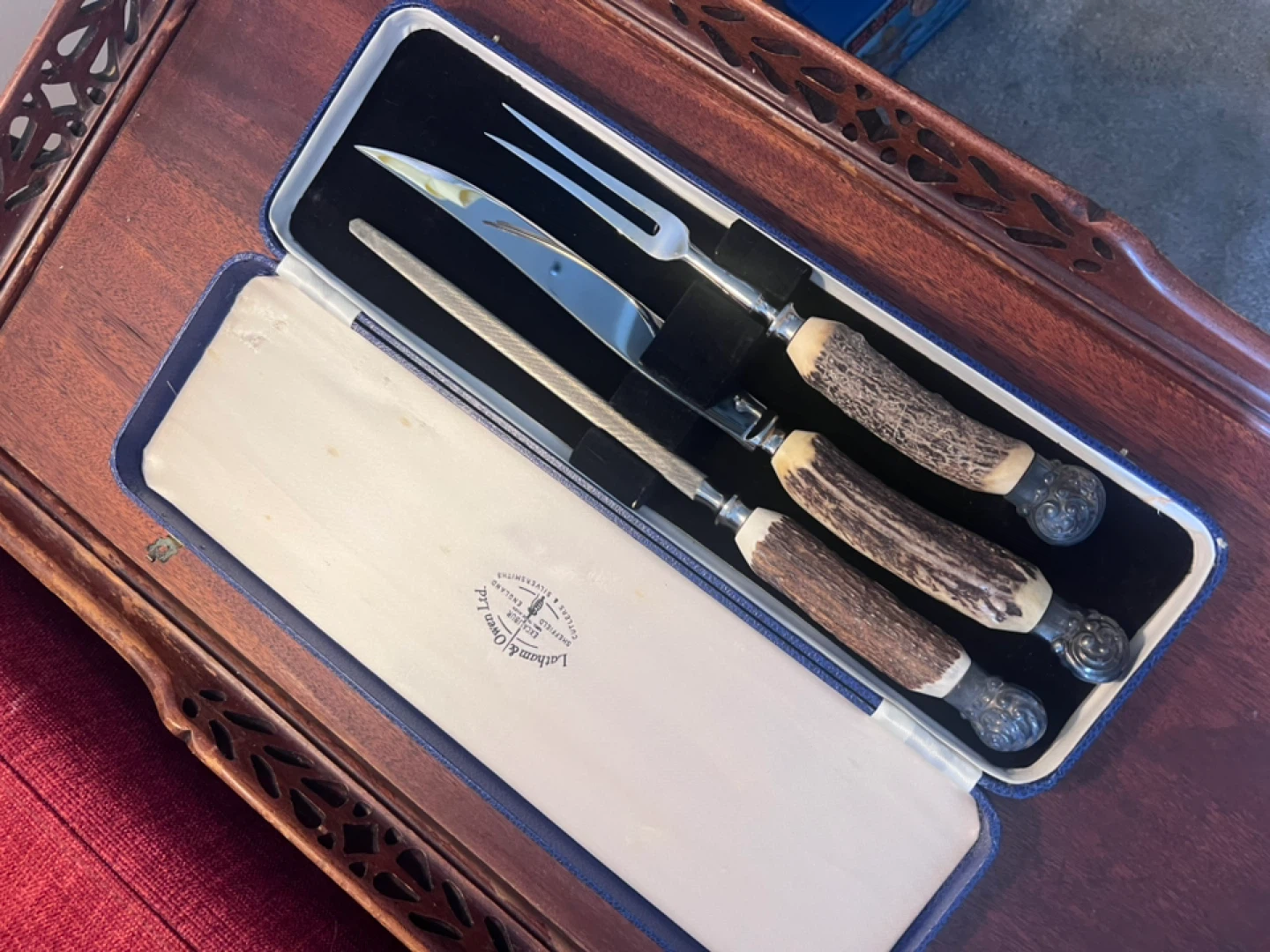 Vintage Sheffield Excalibur Stag Handle Carving Set w/ Case
