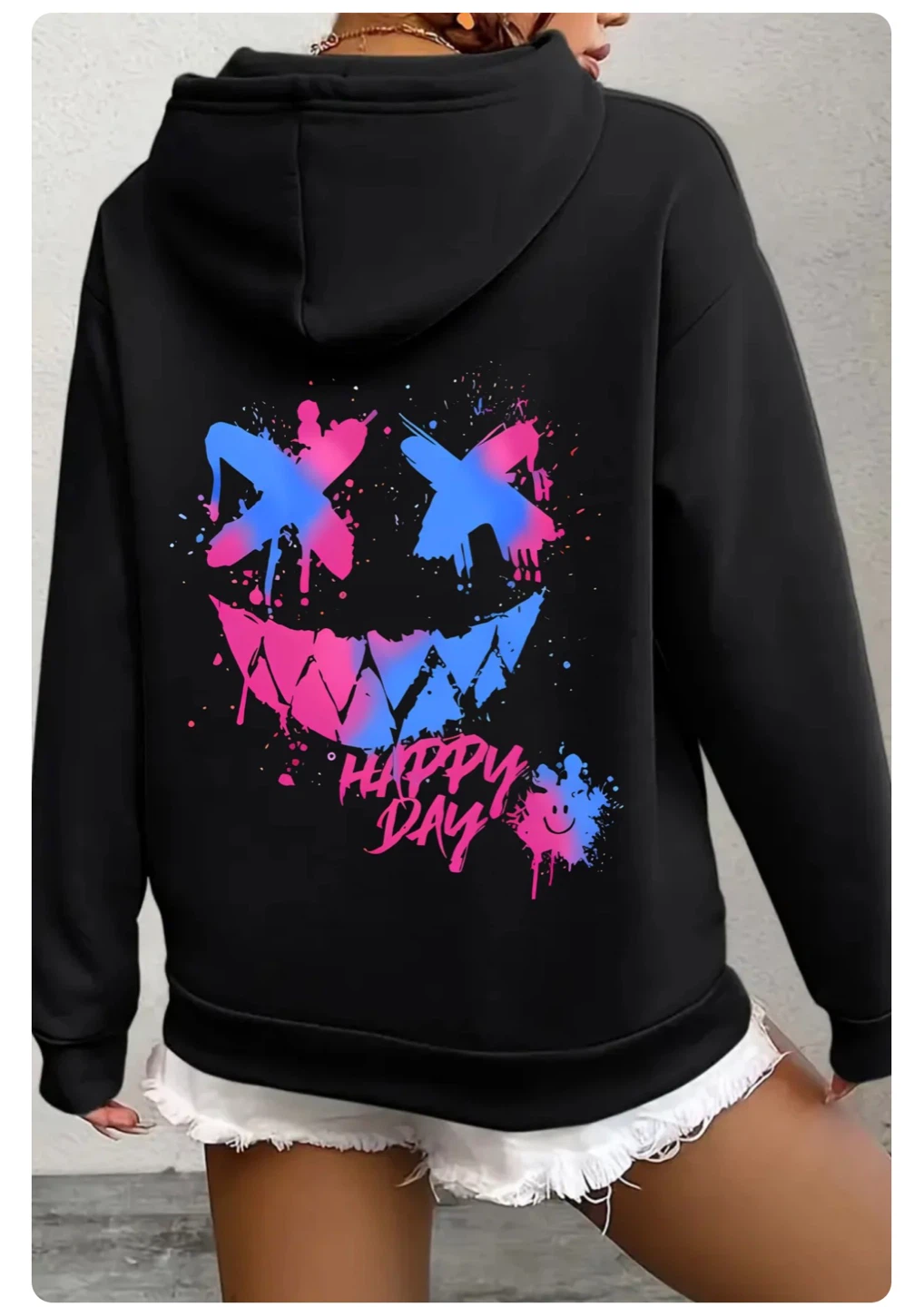Happy Day Graffiti Hoodie Black Fleece Lined Streetwear Unisex M - photo 4