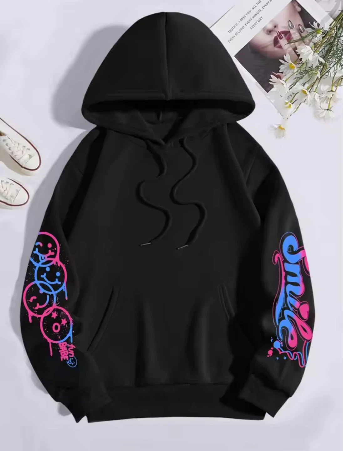 Happy Day Graffiti Hoodie Black Fleece Lined Streetwear Unisex M - photo 2