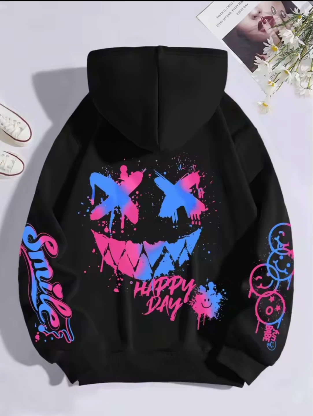 Happy Day Graffiti Hoodie Black Fleece Lined Streetwear Unisex M