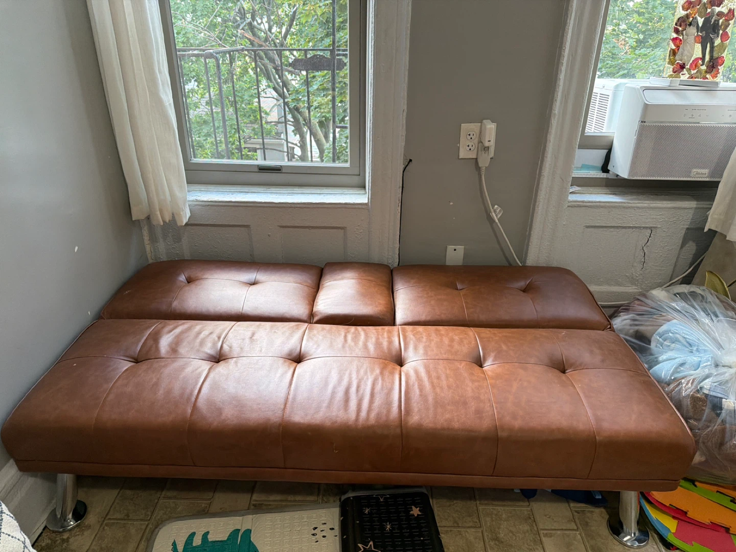 Brown Faux Leather Futon Sofa with Cup Holder - photo 4