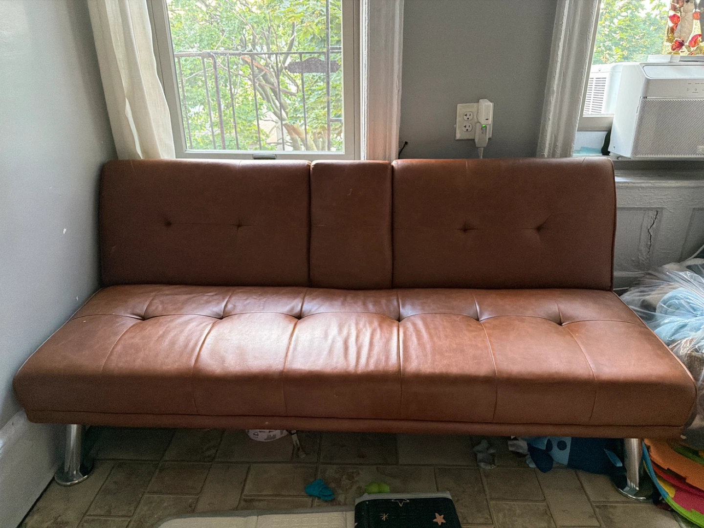 Brown Faux Leather Futon Sofa with Cup Holder