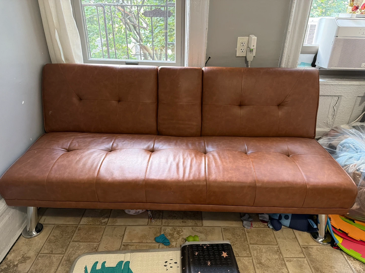 Brown Faux Leather Futon Sofa with Cup Holder - photo 2