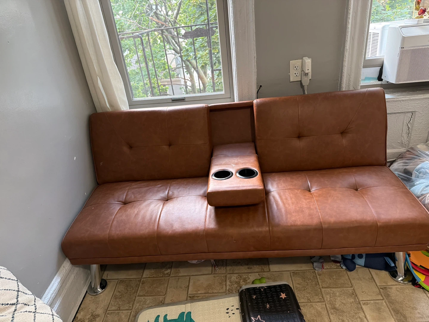 Brown Faux Leather Futon Sofa with Cup Holder - photo 3