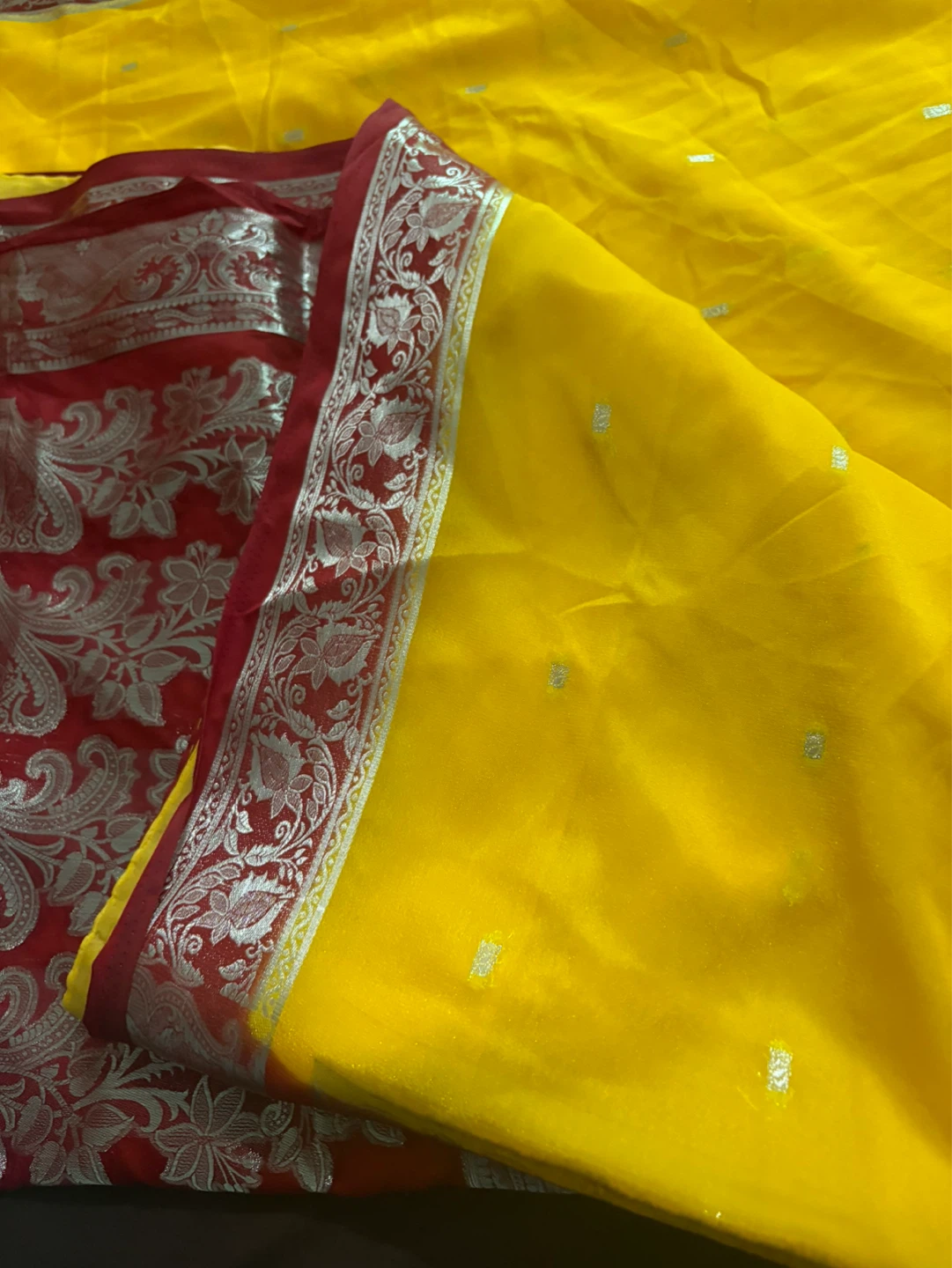 Yellow and Red Saree with Silver Border - photo 2