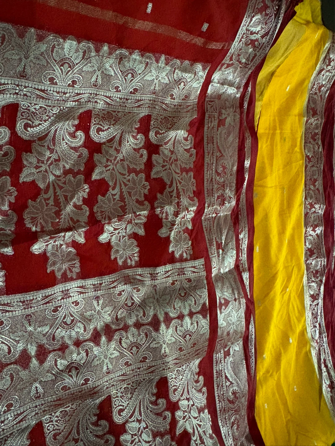 Yellow and Red Saree with Silver Border