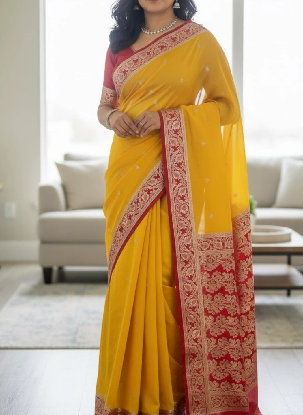 Yellow and Red Saree with Silver Border - photo 3