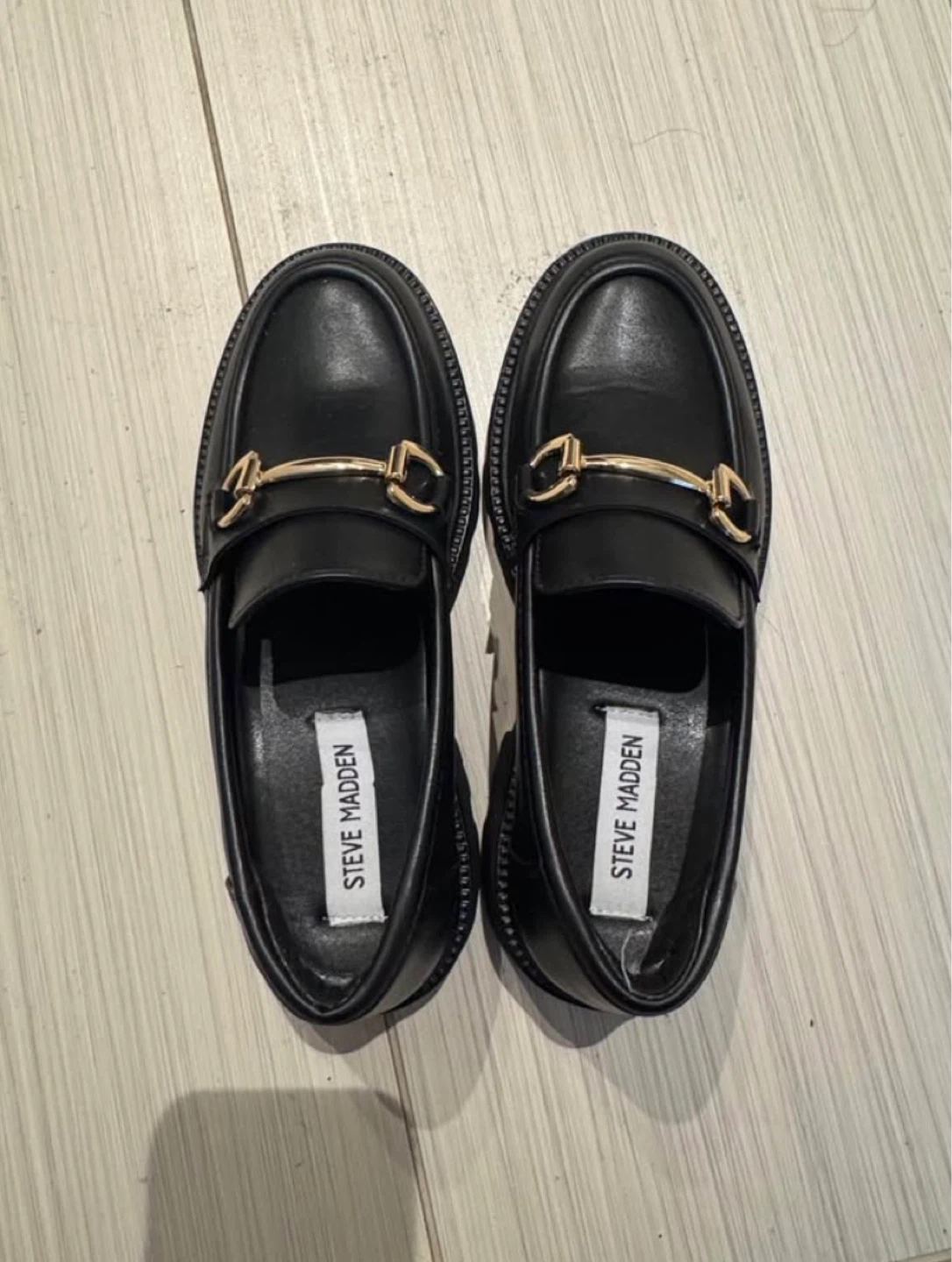 Steve Madden Black Loafers with Gold Hardware