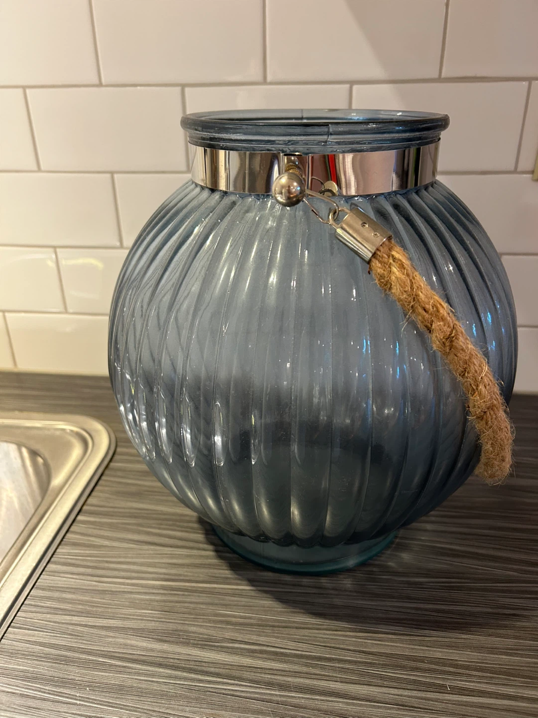 Blue Glass Lantern with Rope Handle