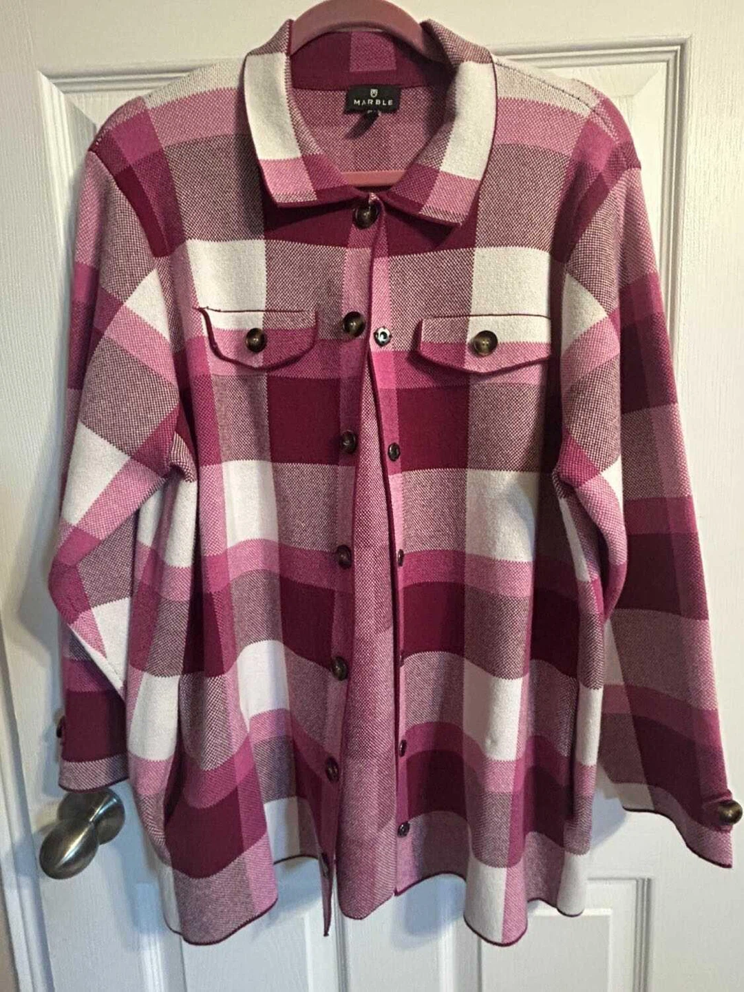 MARBLE Plaid Knit Button-Up Shirt Jacket
