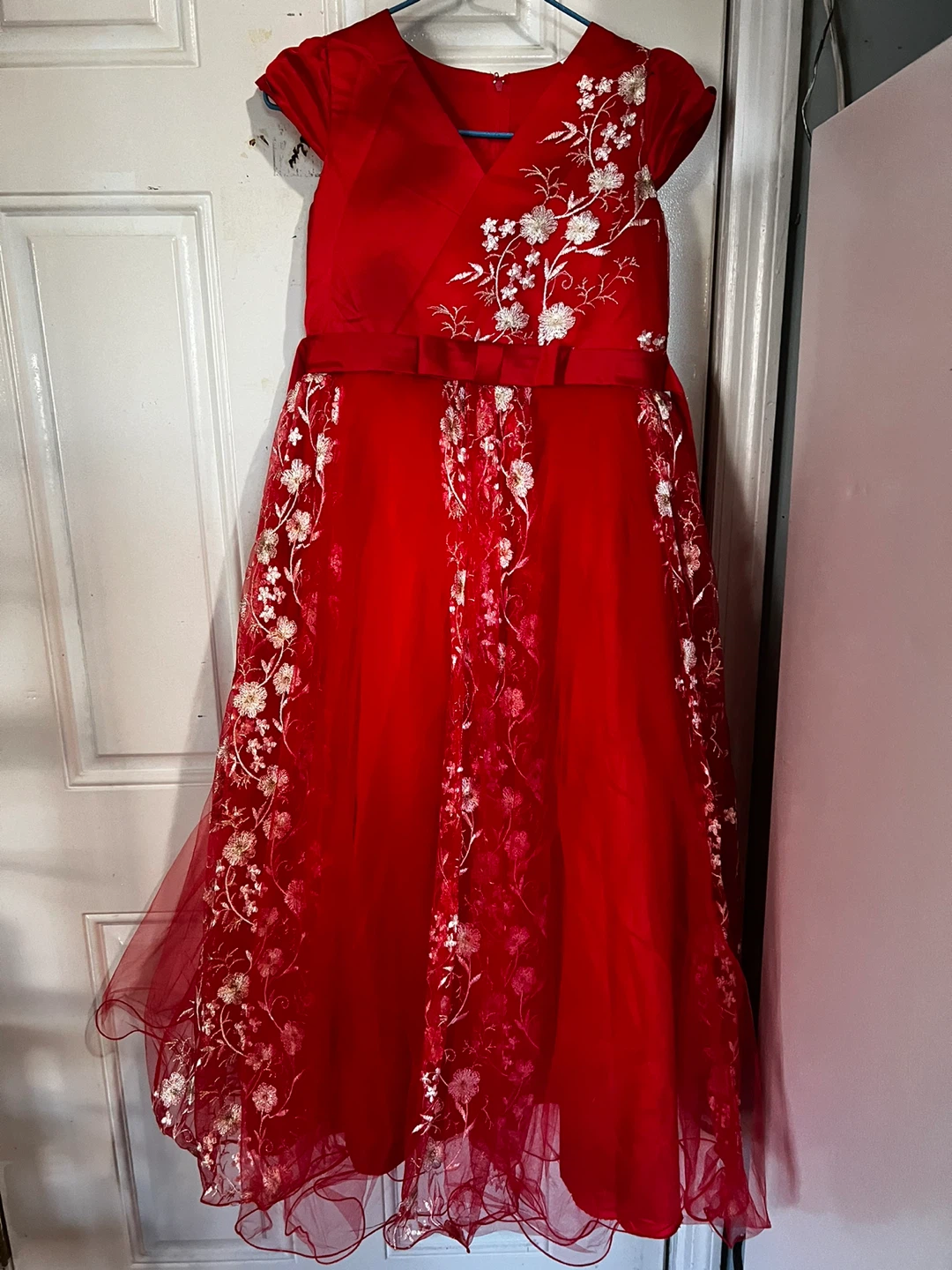 Red Formal Dress with Floral Embroidery