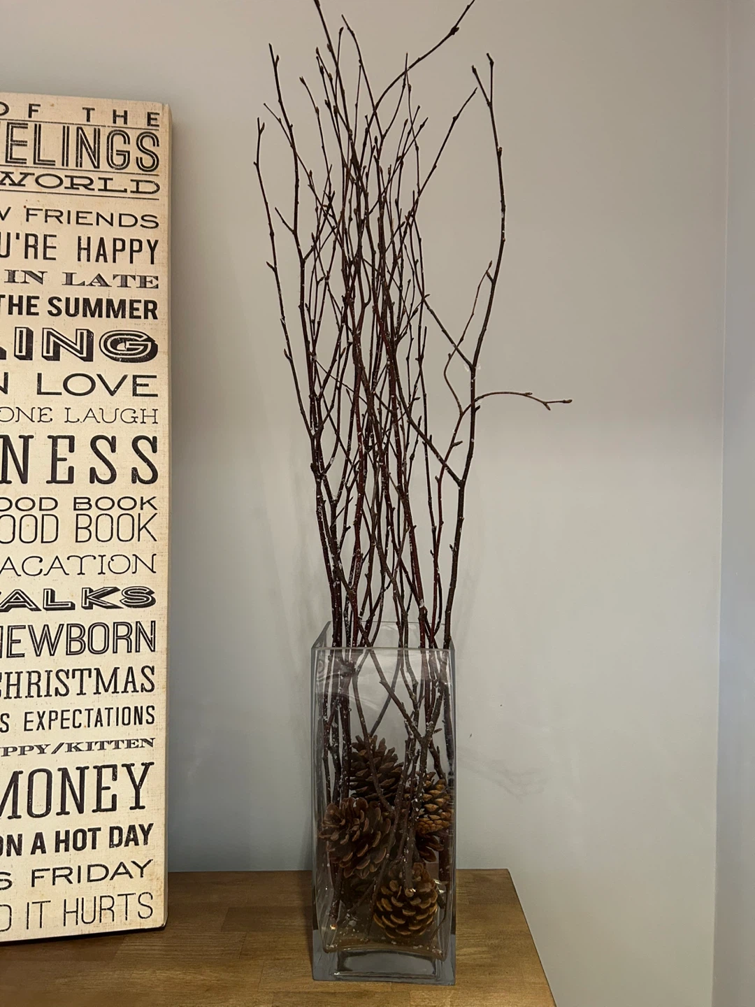 Decorative Branches in Glass Vase with Pinecones