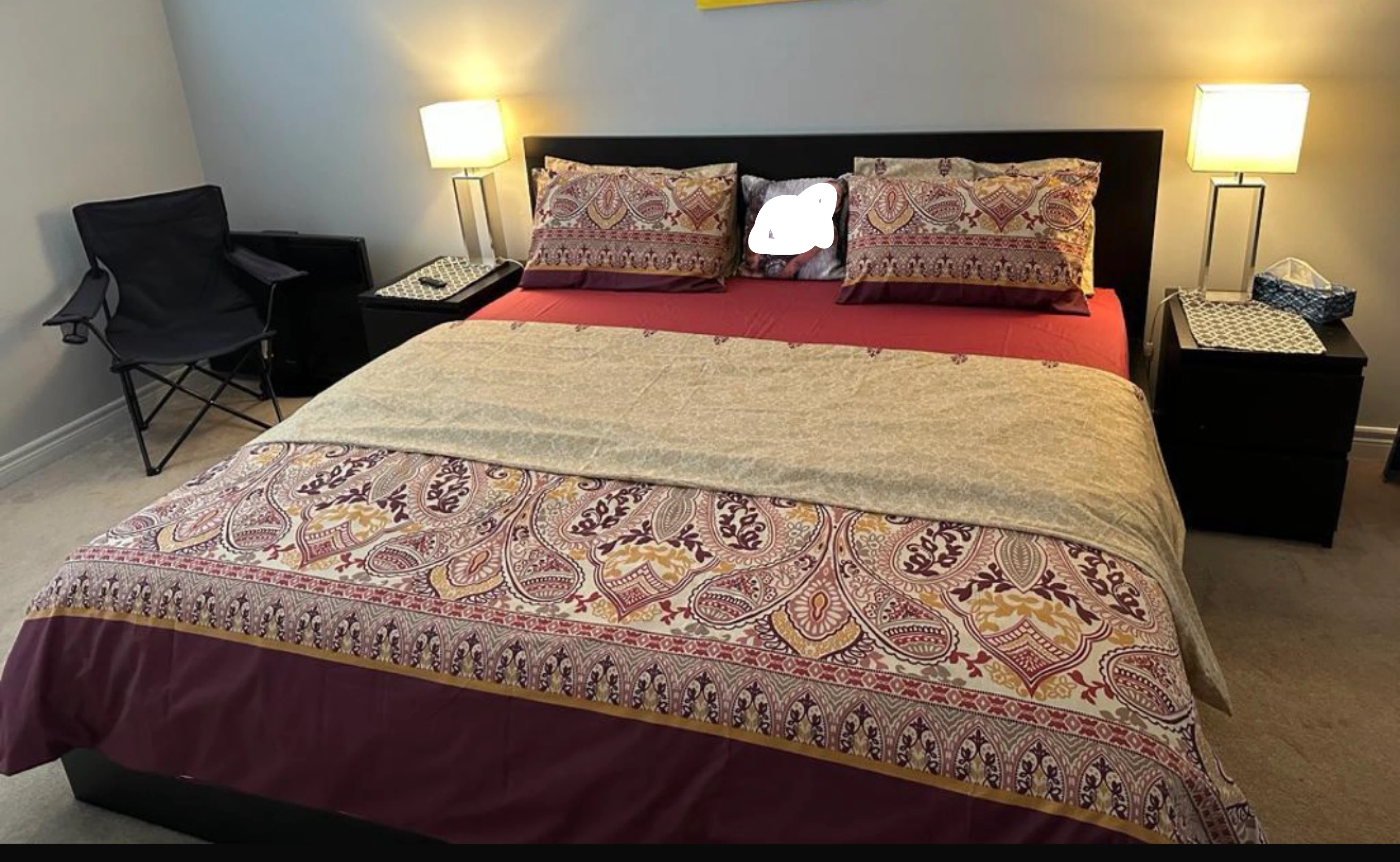king size bed frame with storage drawers with two side tables